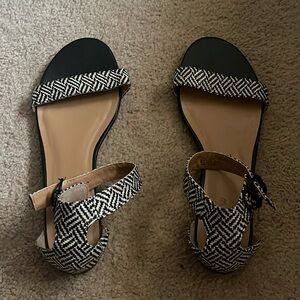 J.Crew Raffia Ankle Strap Black White Sandals